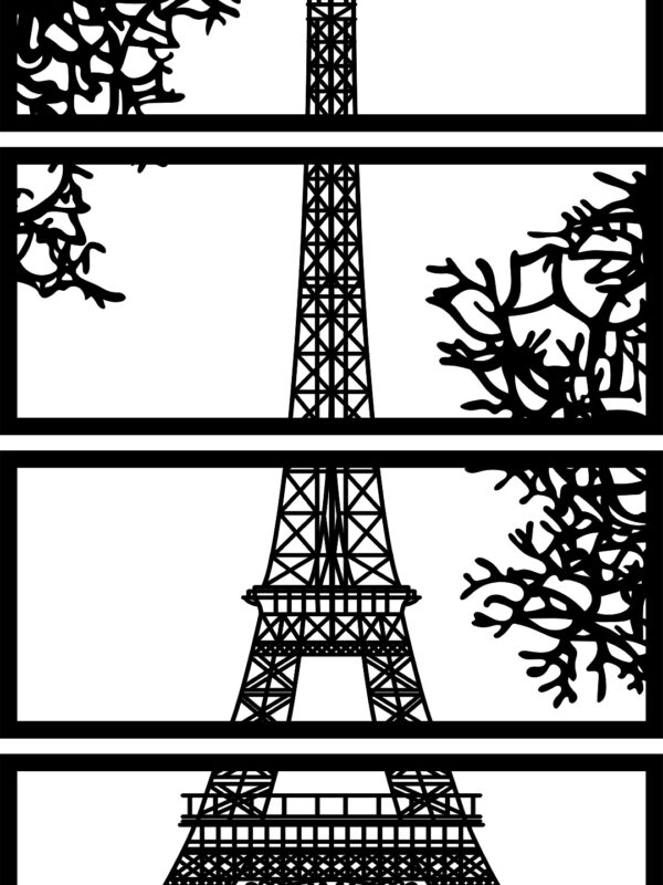 SSDECO.es | Cuadro Decorativo de Pared Torre Eiffel - Arte en Madera Negro con Fondo Blanco, Tríptico de 4 Piezas (40x70 cm) - Decoración Moderna para Salón, Dormitorio y Oficina